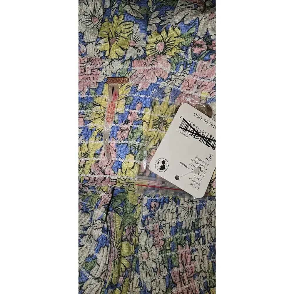 NWT FREE PEOPLE Lewis Maxi Dress $168 SMALL Blue Pastel Combo SMOCKED